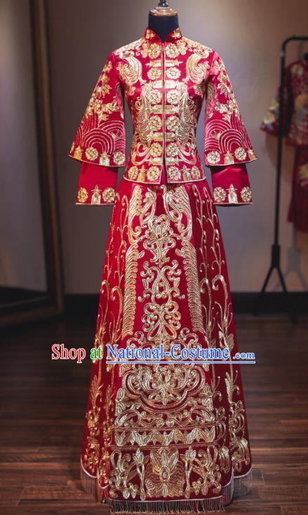 Chinese Traditional Embroidered Wedding Dress Cheongsam Ancient Bride Handmade Xiuhe Suits Costumes for Women