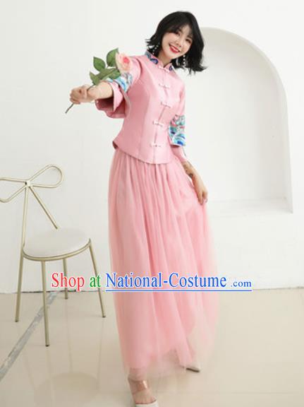 Chinese Traditional Embroidered Wedding Dress Cheongsam Ancient Bride Handmade Pink Xiuhe Suits Costumes for Women