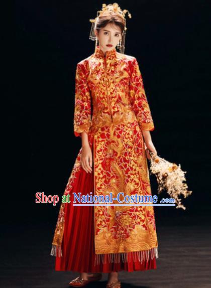 Chinese Traditional Embroidered Wedding Dress Cheongsam Ancient Bride Handmade Red Xiuhe Suits Costumes for Women