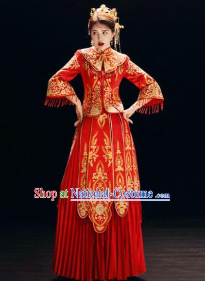 Chinese Traditional Embroidered Red Wedding Dress Cheongsam Ancient Bride Handmade Xiuhe Suits Costumes for Women