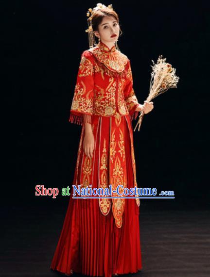 Chinese Traditional Embroidered Red Wedding Dress Cheongsam Ancient Bride Handmade Xiuhe Suits Costumes for Women