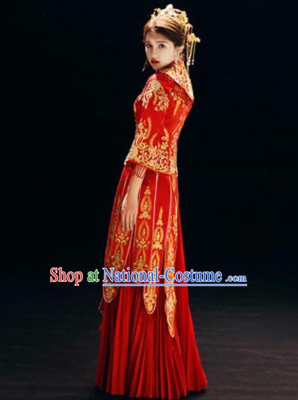 Chinese Traditional Embroidered Red Wedding Dress Cheongsam Ancient Bride Handmade Xiuhe Suits Costumes for Women