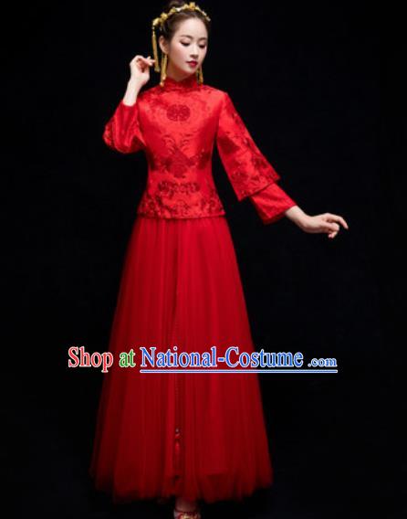 Chinese Traditional Wedding Dress Embroidered Red Cheongsam Ancient Bride Handmade Xiuhe Suits Costumes for Women