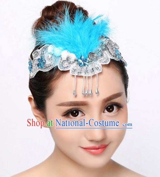 Chinese Traditional Folk Dance Hair Accessories Classical Dance Blue Feather Hair Clasp for Women