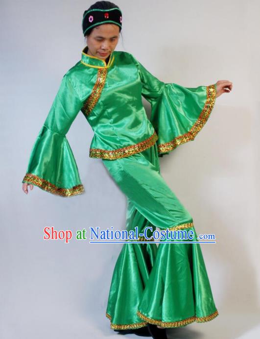 Chinese Traditional Folk Dance Costumes Yanko Dance Fan Dance Green Clothing for Women