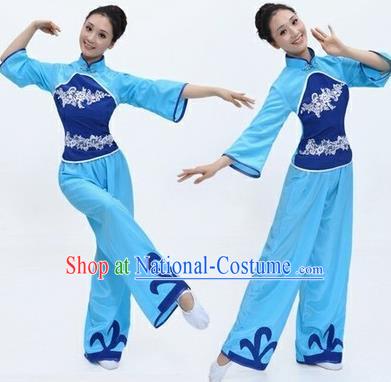 Chinese Traditional Folk Dance Costumes Yangko Dance Blue Clothing for Women