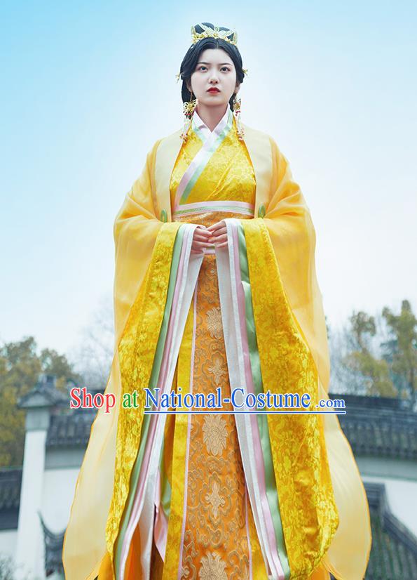 Traditional Chinese Ancient Empress Costumes Qin Dynasty Drama Queen Golden Hanfu Dress for Women