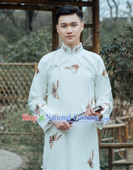 Traditional Chinese Republic Period Nobility Childe Costumes Ancient Drama Embroidered White Gown for Men