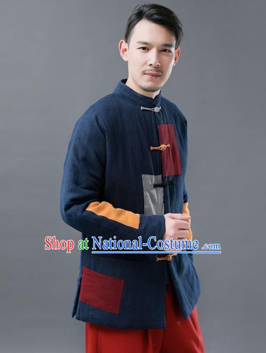 Chinese Traditional Tang Suits National Shirts Mandarin Navy Cotton Padded Jacket for Men