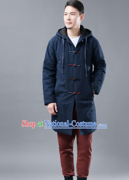 Chinese Traditional Costume Tang Suits National Shirts Mandarin Navy Cotton Padded Coat for Men