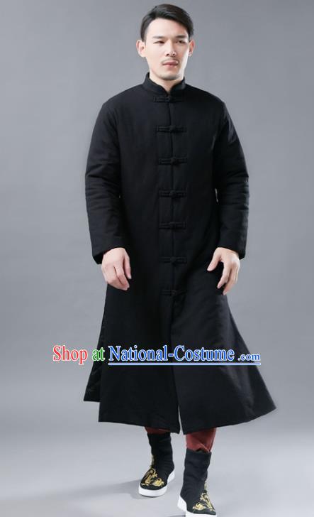 Chinese Traditional Costume Tang Suits National Mandarin Black Cotton Padded Long Coat for Men