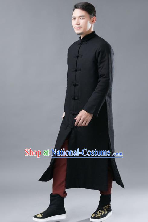 Chinese Traditional Costume Tang Suits National Mandarin Black Cotton Padded Long Coat for Men