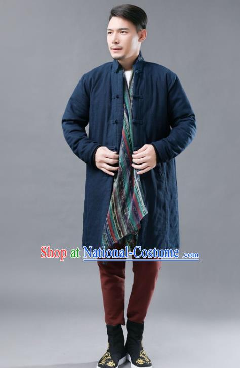 Chinese Traditional Costume Tang Suits Navy Cotton Padded Coat National Navy Mandarin Shirt for Men