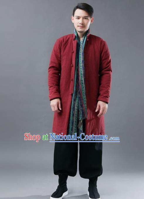 Chinese Traditional Costume Tang Suits Red Cotton Padded Coat National Navy Mandarin Shirt for Men