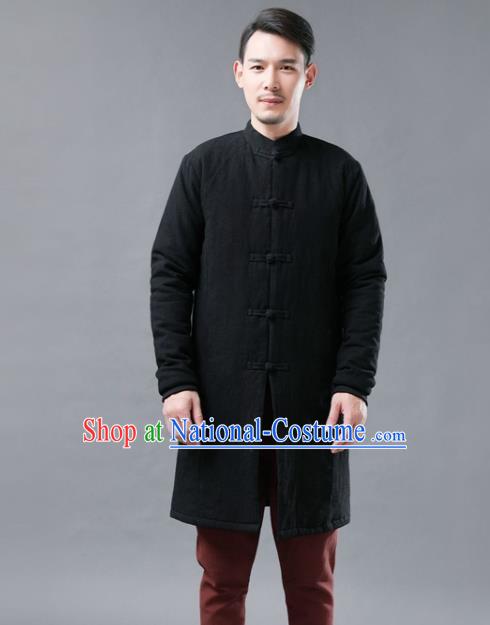 Chinese Traditional Costume Tang Suits Black Cotton Padded Coat National Navy Mandarin Shirt for Men