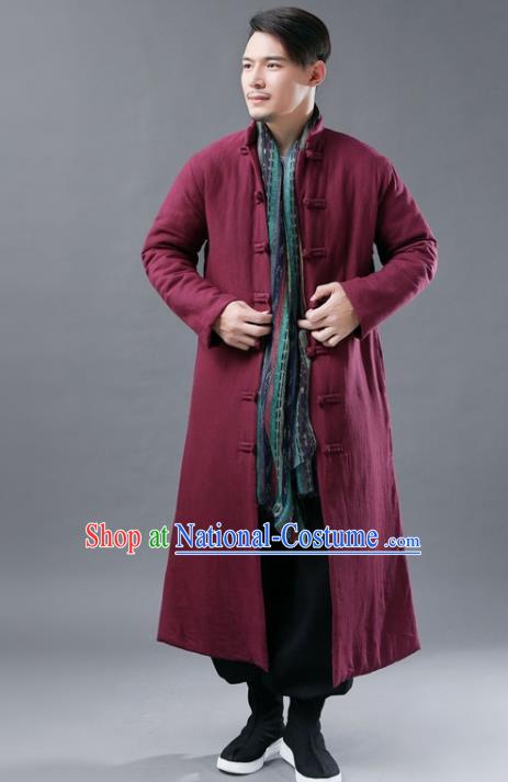 Chinese Traditional Costume Tang Suits National Mandarin Wine Red Cotton Padded Long Coat for Men