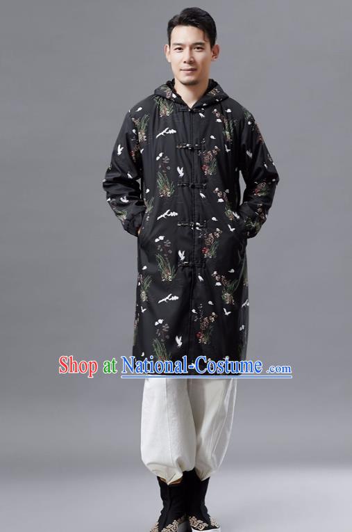 Chinese Traditional Costume Tang Suits Outer Garment National Mandarin Black Coat for Men