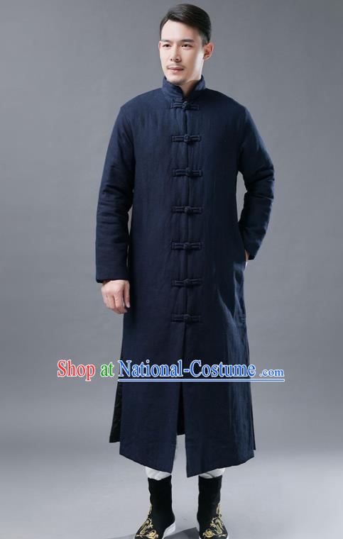 Chinese Traditional Costume Tang Suits National Mandarin Navy Cotton Padded Long Coat for Men