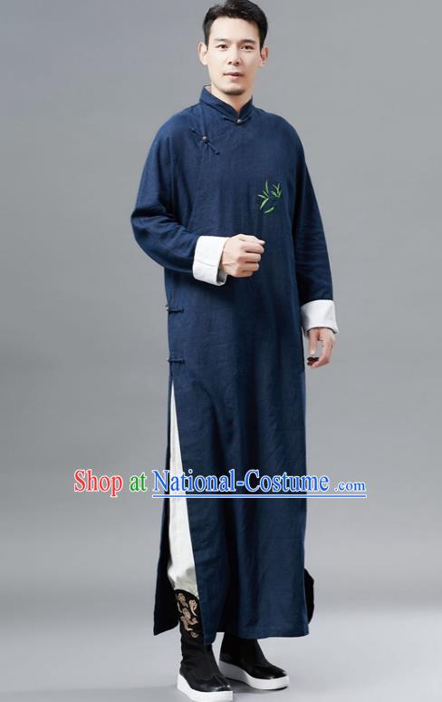 Chinese Traditional Costume Tang Suits Navy Robe National Mandarin Gown for Men