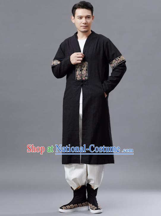 Chinese Traditional Costume Tang Suit Black Dust Coat National Mandarin Gown for Men