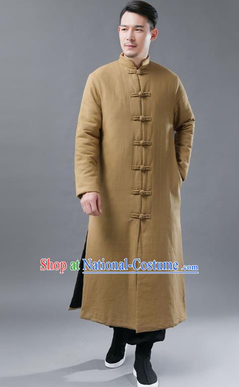 Chinese Traditional Costume Tang Suits National Mandarin Khaki Cotton Padded Long Coat for Men