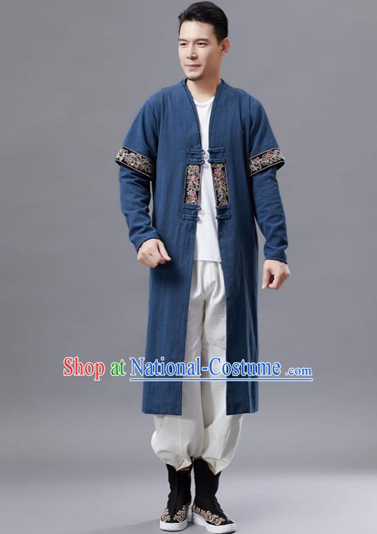 Chinese Traditional Costume Tang Suit Navy Dust Coat National Mandarin Gown for Men