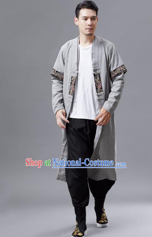 Chinese Traditional Costume Tang Suit Grey Dust Coat National Mandarin Gown for Men