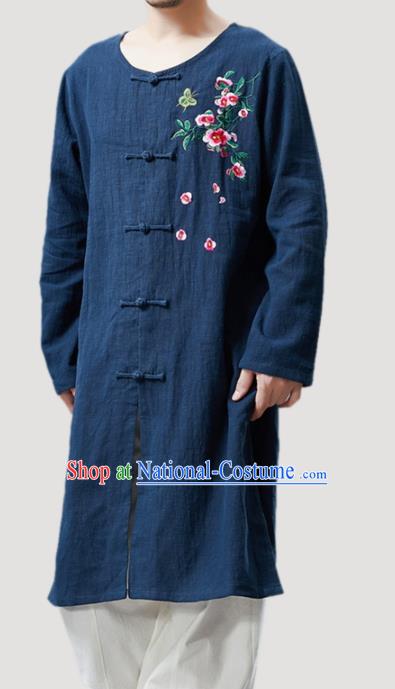 Chinese Traditional Costume Tang Suit Navy Coat National Mandarin Gown Outer Garment for Men