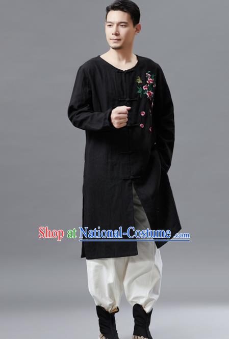 Chinese Traditional Costume Tang Suit Black Coat National Mandarin Gown Outer Garment for Men