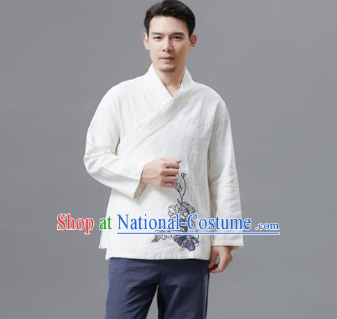 Chinese Traditional Costume Tang Suit White Shirts National Mandarin Outer Garment for Men