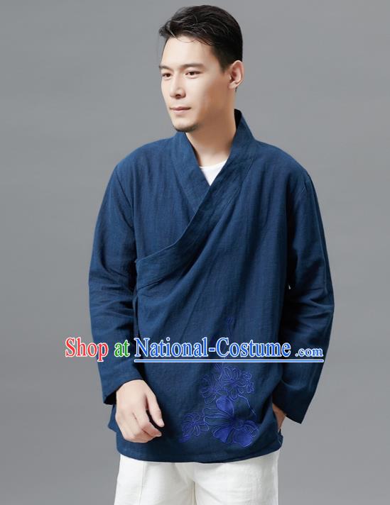 Chinese Traditional Costume Tang Suit Navy Shirts National Mandarin Outer Garment for Men