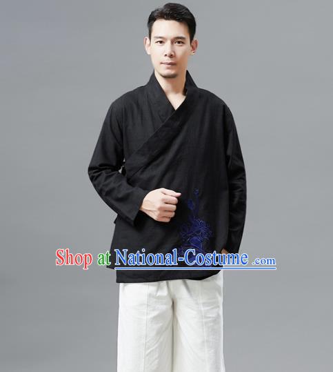 Chinese Traditional Costume Tang Suit Black Shirts National Mandarin Outer Garment for Men