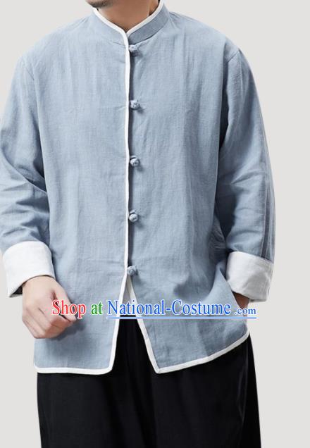 Chinese Traditional Costume Tang Suit Blue Shirts National Mandarin Outer Garment for Men