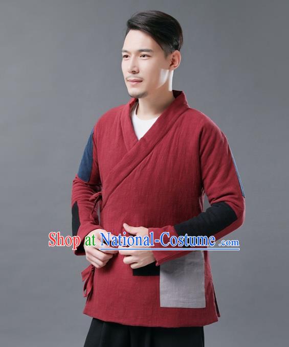 Chinese Traditional Costume Tang Suits Cotton Padded Jacket National Red Mandarin Shirt for Men