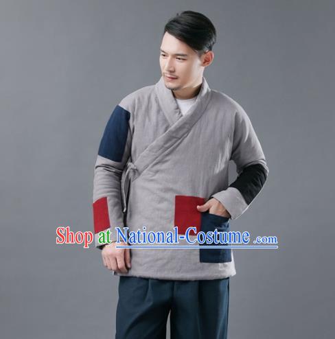 Chinese Traditional Costume Tang Suits Cotton Padded Jacket National Grey Mandarin Shirt for Men