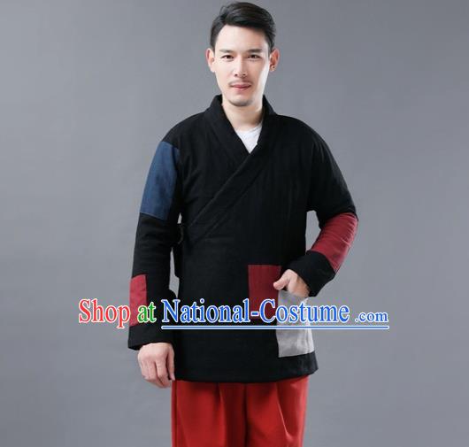 Chinese Traditional Costume Tang Suits Cotton Padded Jacket National Black Mandarin Shirt for Men