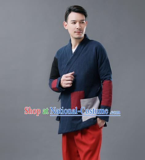 Chinese Traditional Costume Tang Suits Cotton Padded Jacket National Navy Mandarin Shirt for Men