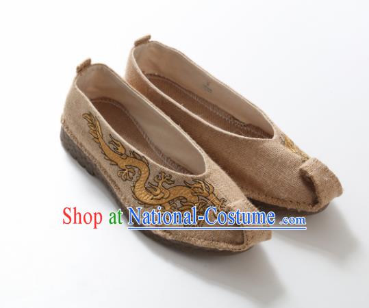 Chinese Traditional Martial Arts Shoes Kung Fu Shoes Embroidered Dragon Beige Linen Monk Shoes for Men