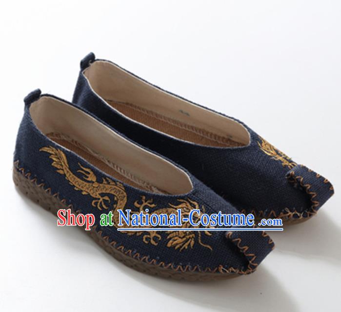 Chinese Traditional Martial Arts Shoes Kung Fu Shoes Embroidered Dragon Navy Linen Monk Shoes for Men