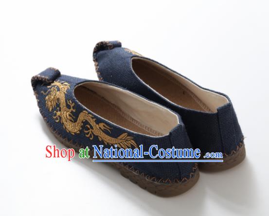 Chinese Traditional Martial Arts Shoes Kung Fu Shoes Embroidered Dragon Navy Linen Monk Shoes for Men