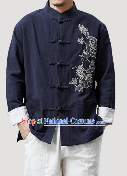 Chinese Traditional Costume Tang Suit Navy Linen Shirts National Mandarin Outer Garment for Men