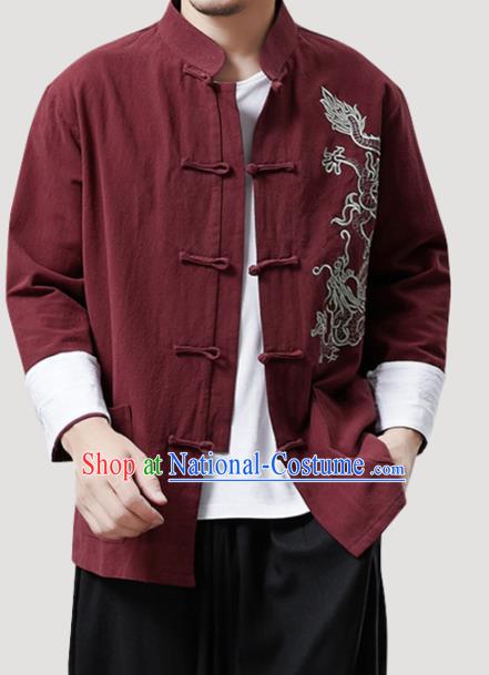 Chinese Traditional Costume Tang Suit Red Linen Shirts National Mandarin Outer Garment for Men