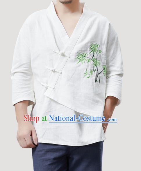 Chinese Traditional Costume Tang Suit Embroidered Bamboo White Shirts National Mandarin Outer Garment for Men