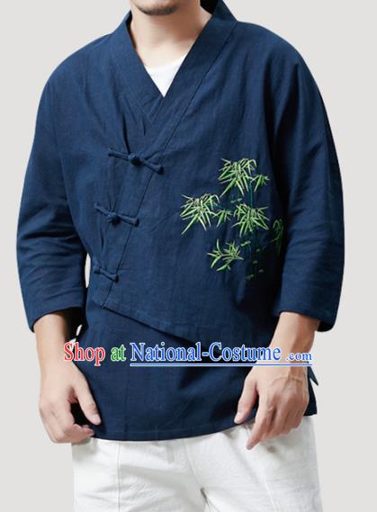 Chinese Traditional Costume Tang Suit Embroidered Bamboo Navy Shirts National Mandarin Outer Garment for Men