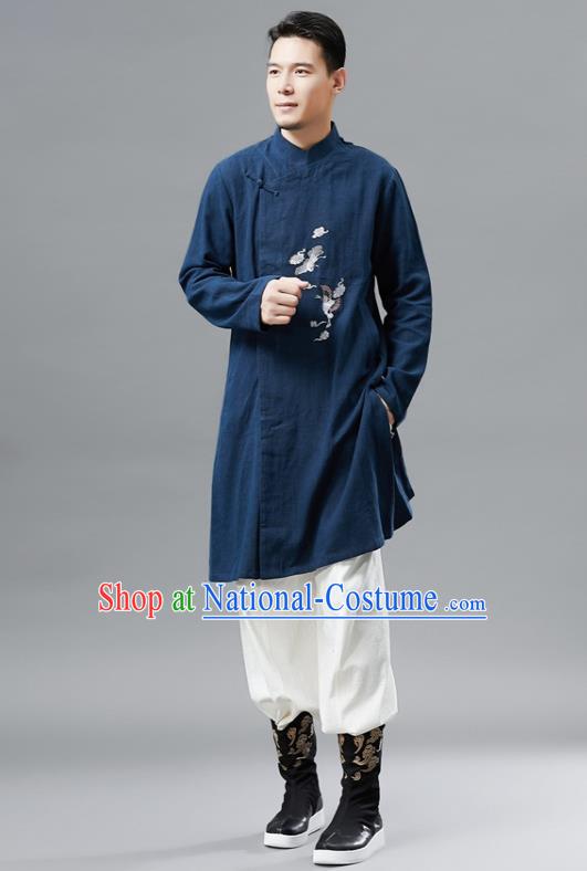 Chinese Traditional Costume Tang Suit Navy Gown National Mandarin Outer Garment for Men