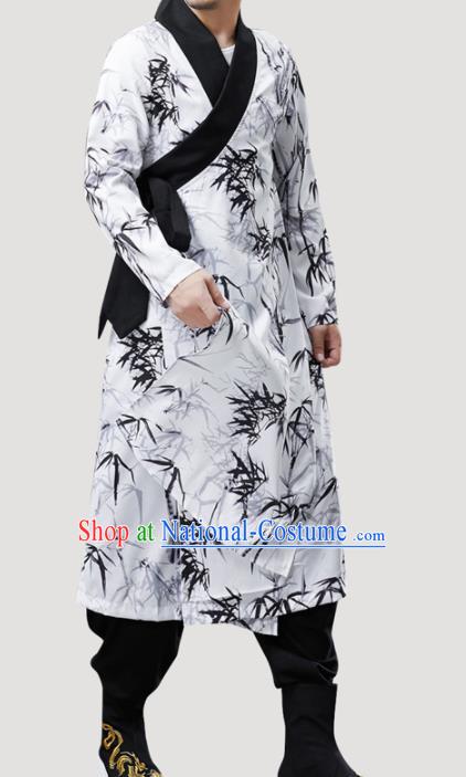 Chinese Traditional Costume Tang Suit Gown National Printing Bamboo White Mandarin Robe for Men