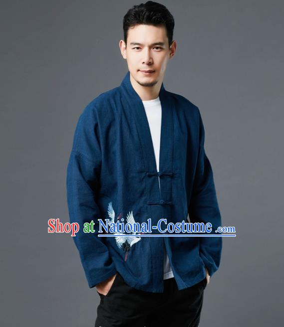 Chinese Traditional Costume Tang Suit Embroidered Cranes Navy Shirts National Mandarin Jacket for Men