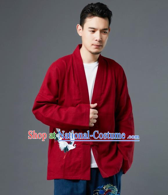 Chinese Traditional Costume Tang Suit Embroidered Cranes Red Shirts National Mandarin Jacket for Men