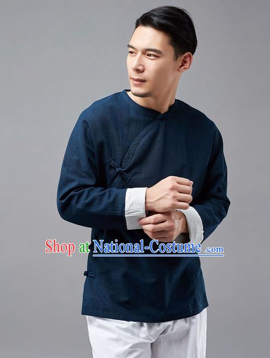 Chinese Traditional Costume Tang Suit Navy Shirts National Mandarin Jacket for Men