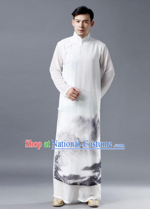 Chinese Traditional Costume Tang Suit White Robe National Mandarin Gown for Men